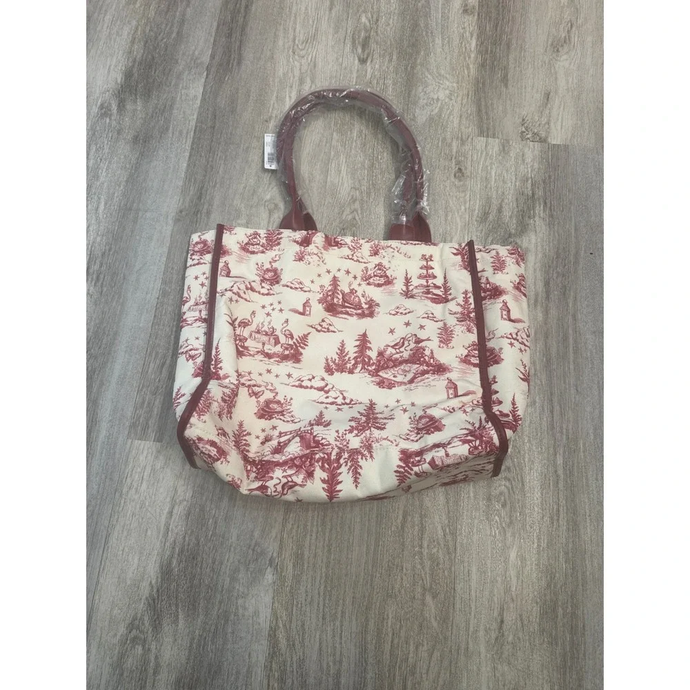 Soma Enchanted Tote Champagne Red Toile Winter Scene Canvas Bag New